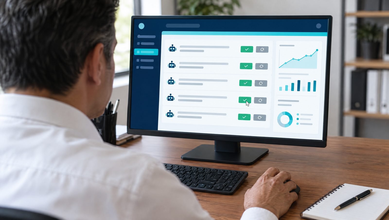 Director de una empresa revisando y aprobando en su monitor las tareas que preparó un agente de IA