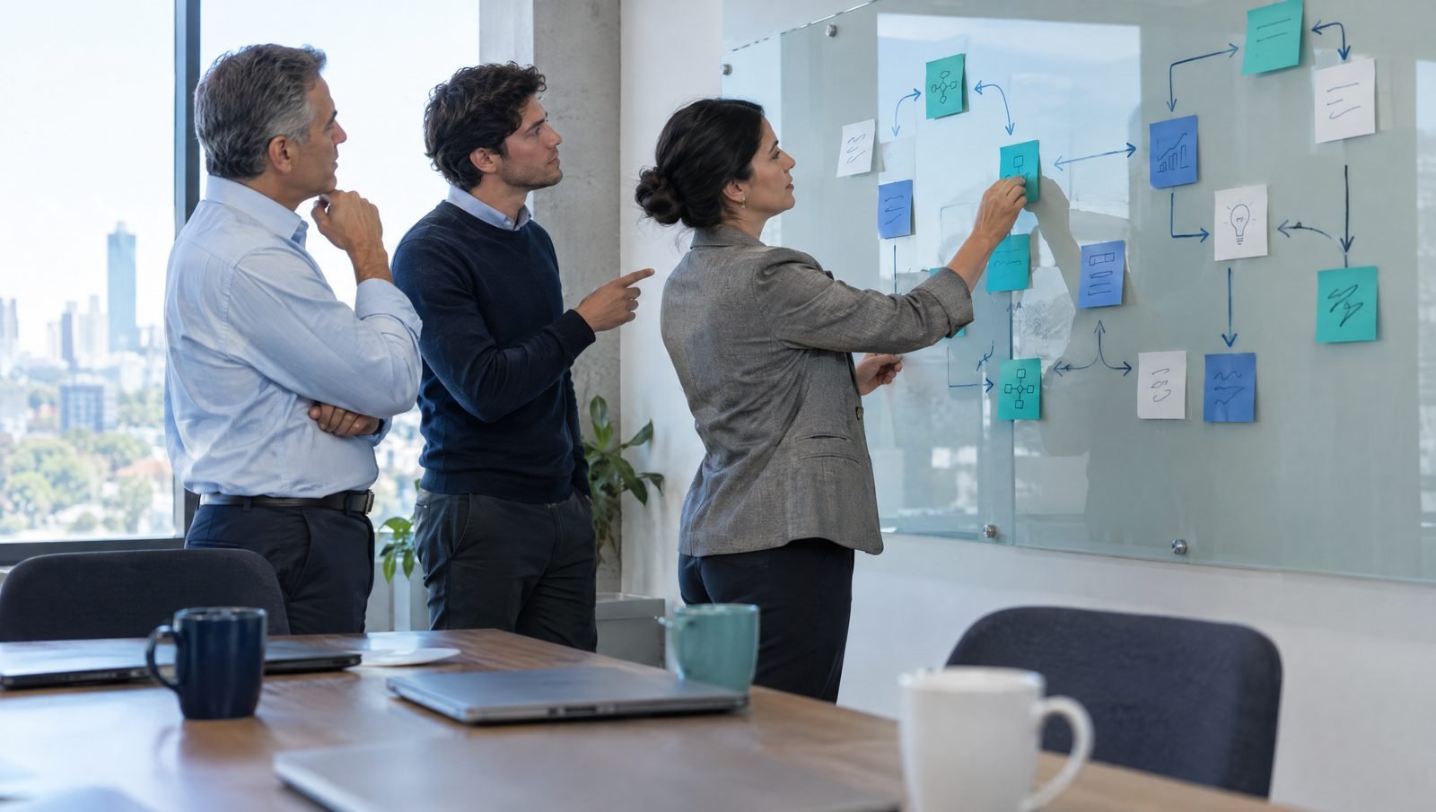 Equipo de una empresa de servicios ordenando su proceso de trabajo en un pizarrón de vidrio antes de la automatización con IA