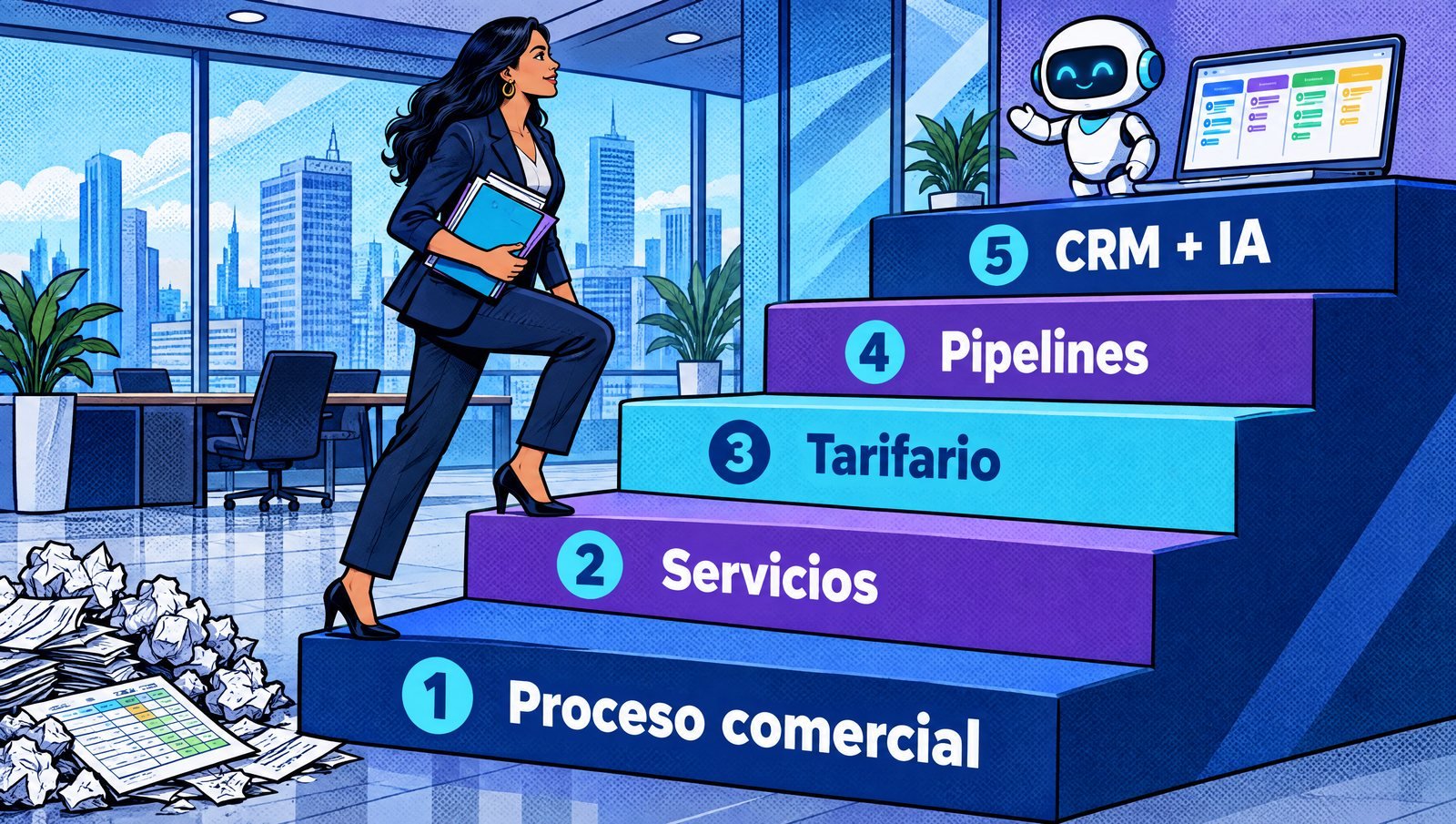 Escalera con el orden de implementación: proceso comercial, servicios, tarifario, pipelines y al final CRM con IA