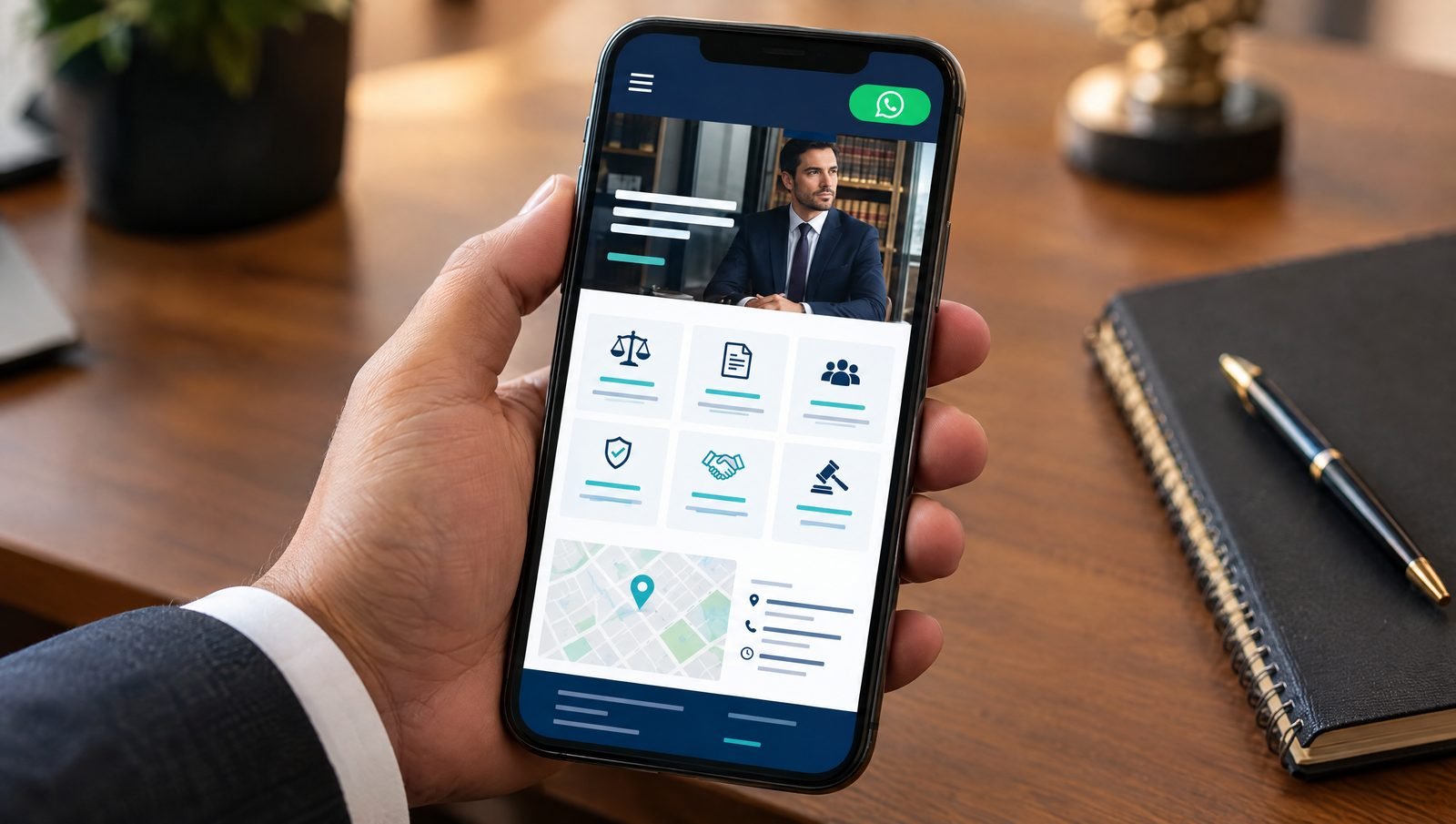 Vista móvil de una página web para abogados con botón de WhatsApp, servicios y mapa de ubicación