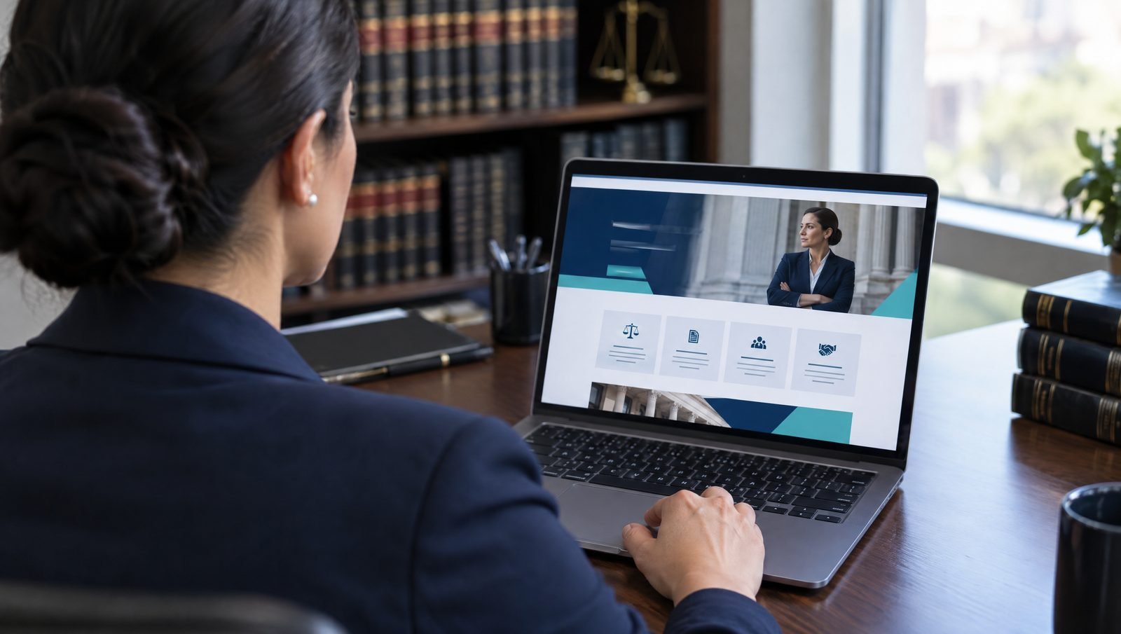 Abogada en su despacho, vista por encima del hombro, revisando en su laptop la página web de su firma