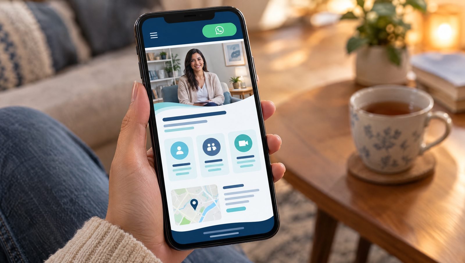 Vista móvil de una página web para psicólogos con foto de la profesional, servicios, mapa y botón de WhatsApp