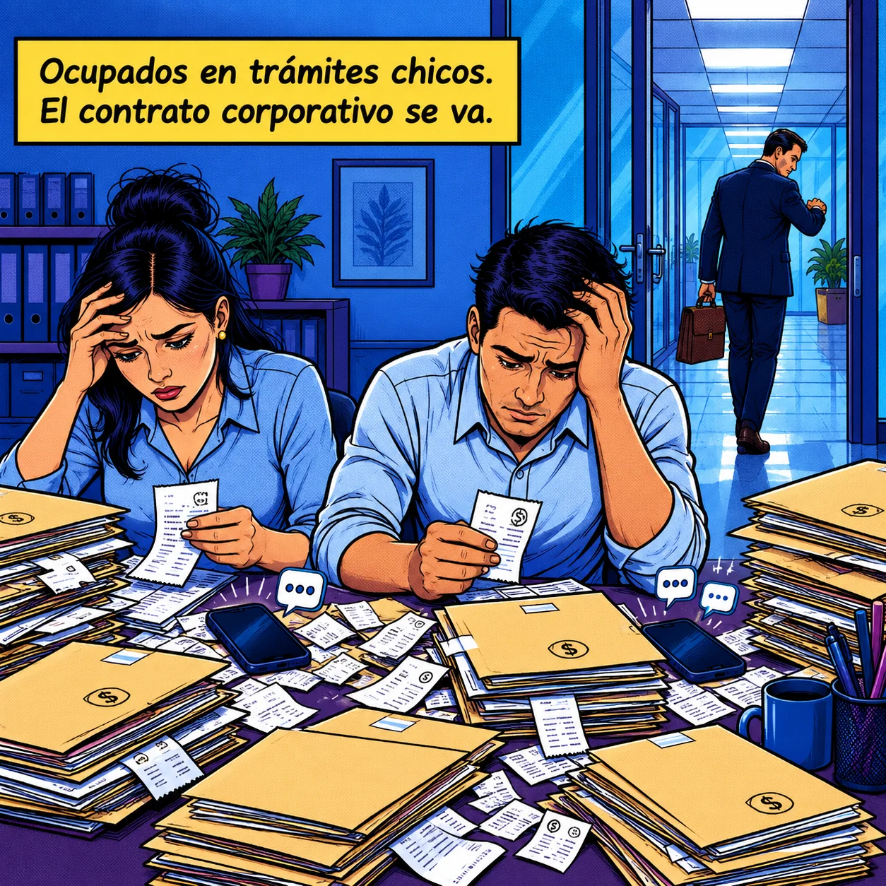 Mientras el equipo del despacho atiende trámites pequeños de clientes particulares, un director de empresa con un contrato corporativo se va sin que nadie lo atienda