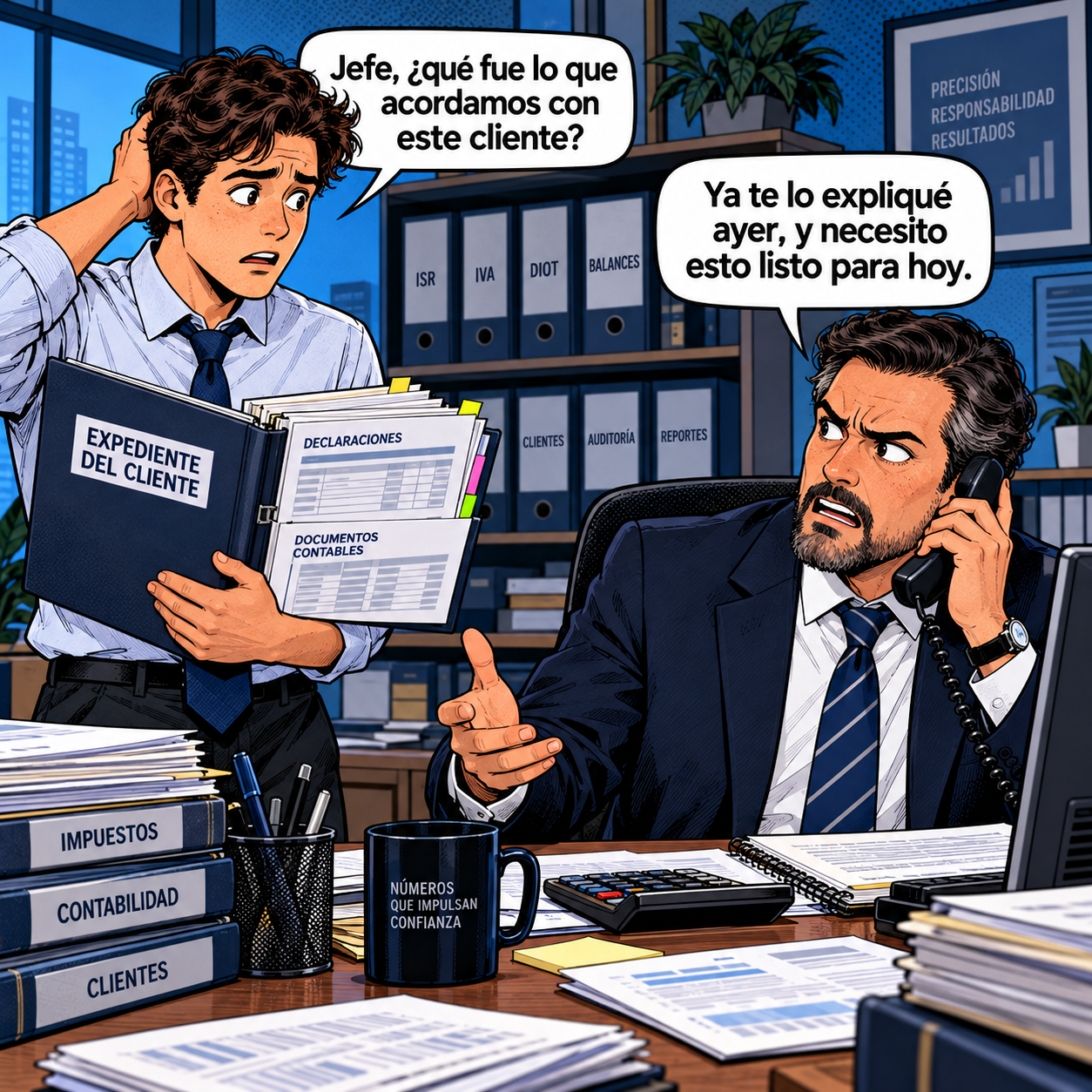 Un colaborador interrumpe a su jefe porque no encuentra lo que se acordó con un cliente