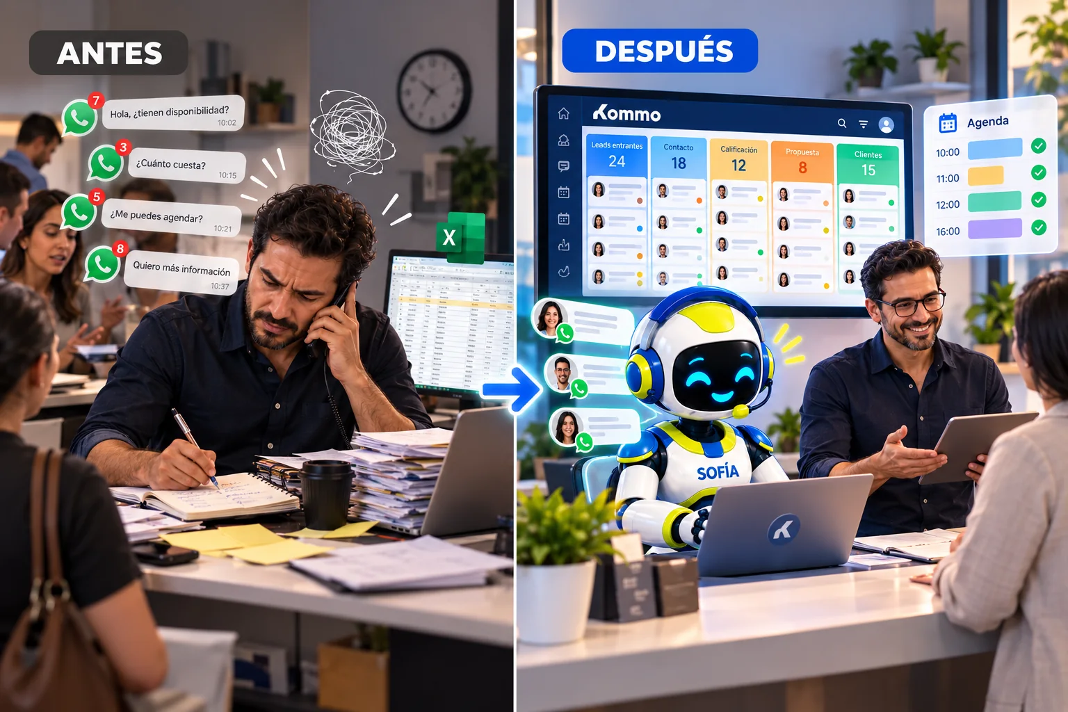 Antes: un dueño de negocio saturado con mensajes de WhatsApp acumulados, libreta y Excel. Después: Sofía, agente de IA, atiende los mensajes y llena el CRM y la agenda mientras él conversa con una clienta.