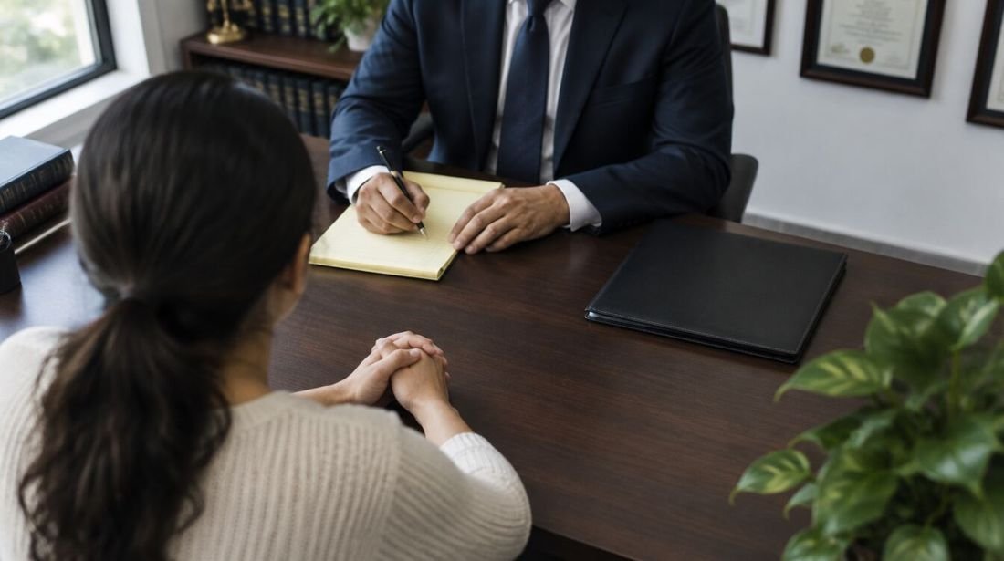 Abogado tomando notas durante una consulta