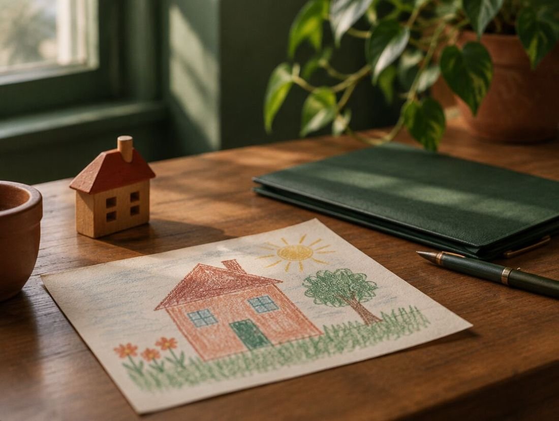 Dibujo infantil de una casa sobre un escritorio