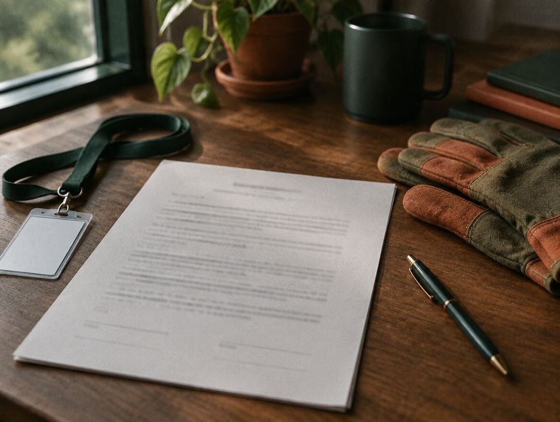 Contrato de trabajo, gafete y guantes sobre un escritorio