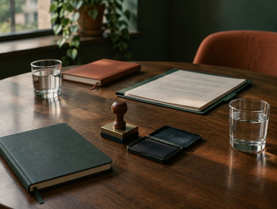 Mesa de trabajo con sello de empresa y documentos